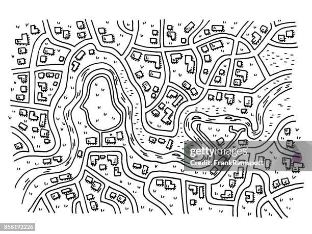 generische stadtplan mit fluss-zeichnung - von oben stock-grafiken, -clipart, -cartoons und -symbole