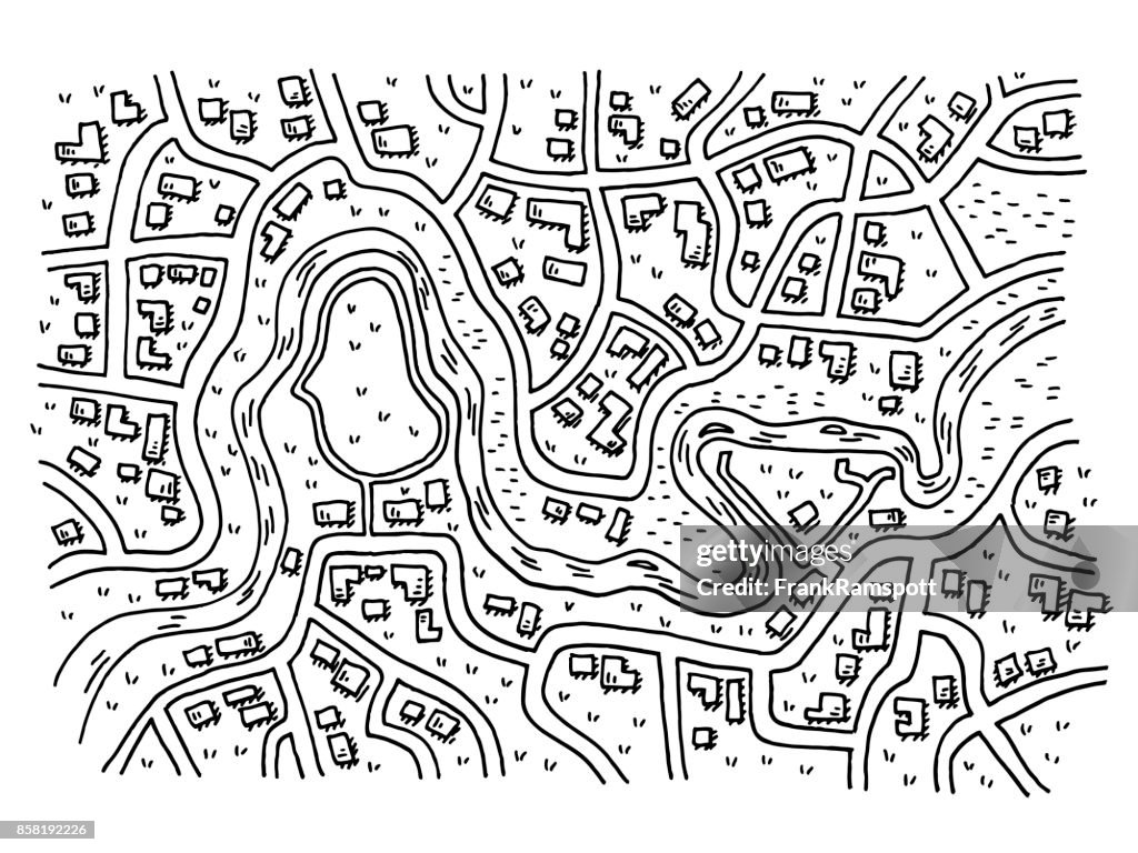 Generic City Map With River Drawing