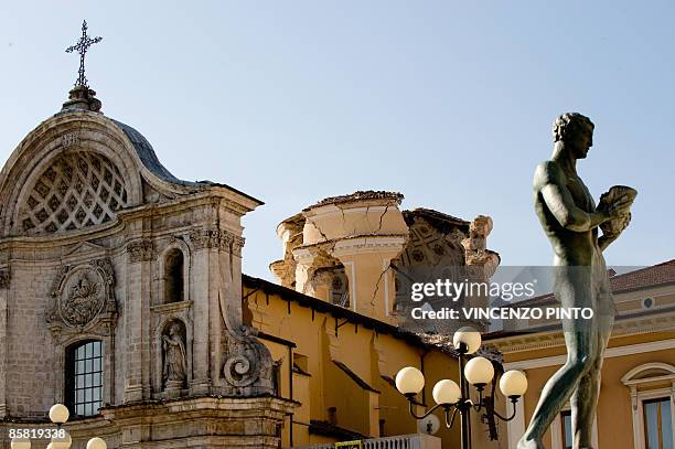View of the dome of the damaged Cathedral in the center of L'Aquila on April 6, 2009 following an earthquake measuring 5.8-magnitude on the...
