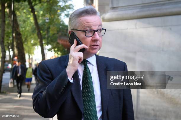Environment Secretary Michael Gove leaves a television studio in Westminster on October 6, 2017 in London, England. Mr Gove was appearing on TV to...