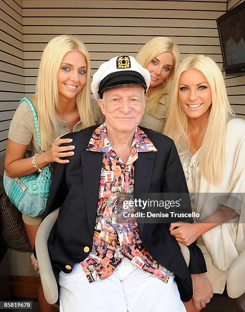 Kristina Shannon, Karissa Shannon, Hugh Hefner and Crystal Harris attends Hugh Hefner's 83rd birthday pool party at Palms Place at the Palms Resort &...