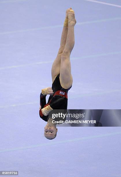 Russia's Ksenia Semenova performs the floor exercise to win bronze during the Apparatus final of the Third European Women's Artistic Championships on...