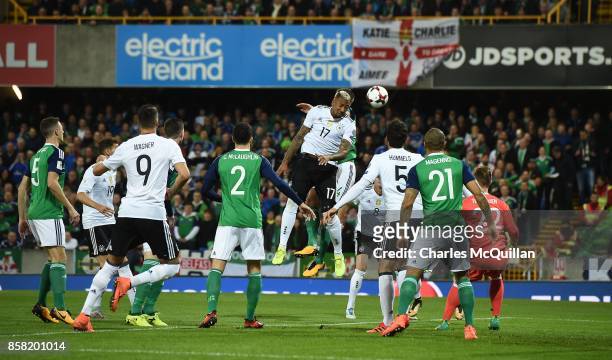 Jerome Boateng of Germany heads clear during the FIFA 2018 World Cup Qualifier between Northern Ireland and Germany at Windsor Park on October 5,...