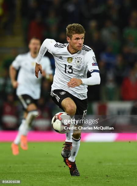 Thomas Muller of Germany during the FIFA 2018 World Cup Qualifier between Northern Ireland and Germany at Windsor Park on October 5, 2017 in Belfast,...