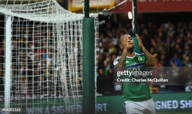 Josh Magennis of Northern Ireland rues a missed chance during the FIFA 2018 World Cup Qualifier between Northern Ireland and Germany at Windsor Park...