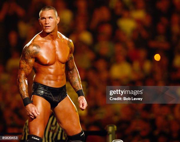 Randy Orton makes his way to the ring for his match with Triple H for the WWE Championship belt at "WrestleMania 25" at the Reliant Stadium on April...