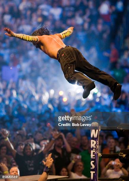 Jeff Hardy leaps off the top rope at "WrestleMania 25" at the Reliant Stadium on April 5, 2009 in Houston, Texas.