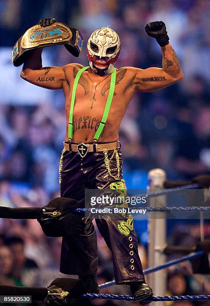 Rey Mysterio celebrates his victry over JBL for the Intercontinental Championship at "WrestleMania 25" at the Reliant Stadium on April 5, 2009 in...