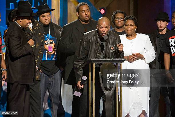 Rapper Darryl 'D.M.C.' McDaniels speaks onstage as Run D.M.C. Is inducted during the 24th Annual Rock and Roll Hall of Fame Induction Ceremony at...
