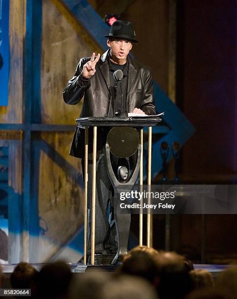 Presenter Marshall Bruce Mathers III aka 'Eminem' speaks onstage during the 24th Annual Rock and Roll Hall of Fame Induction Ceremony at Public Hall...