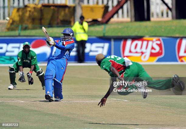 Stephen Outerbridge of Bermuda about to be caught off Elijah Otieno for 31 runs during the ICC Mens Cricket World Cup qualifier match between Kenya...