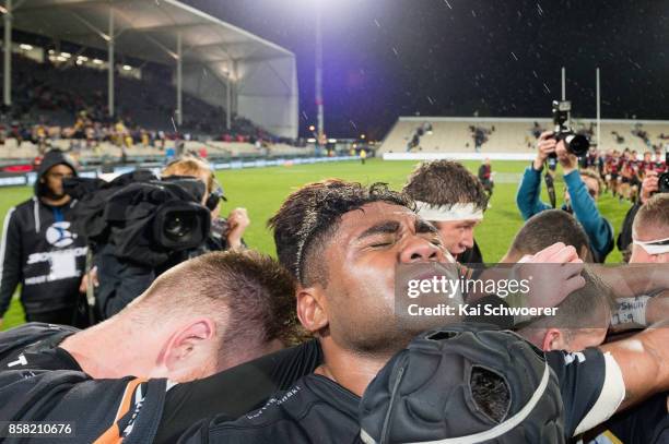 Pita-Gus Sowakula of Taranaki reacts after winning the Ranfurly Shield in the round eight Mitre 10 Cup match between Canterbury and Taranaki at AMI...