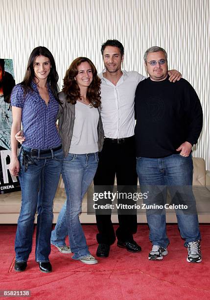 Simonetta Solder, Chiara Giordano, Raoul Bova and Roberto Burchielli attend 'Sbirri' Photocall held at Terrazza Martini on April 6, 2009 in Milan,...