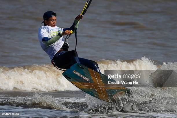 The Kite surfers compete during the 3rd Qidong YuanTuoJiao Kite Surfing Invitational Tournament on Day 1 at Qidong Golden Beach on October 6, 2017 in...