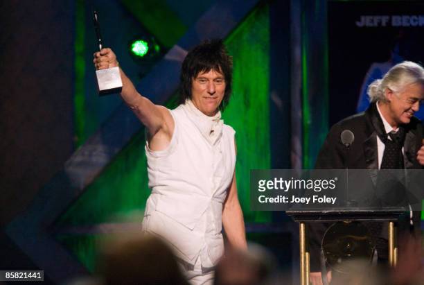 Jeff Beck is inducted by Jimmy Page during the 24th Annual Rock and Roll Hall of Fame Induction Ceremony at Public Hall on April 4, 2009 in...