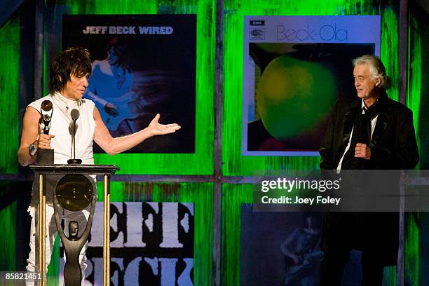 Jeff Beck is inducted by Jimmy Page during the 24th Annual Rock and Roll Hall of Fame Induction Ceremony at Public Hall on April 4, 2009 in...