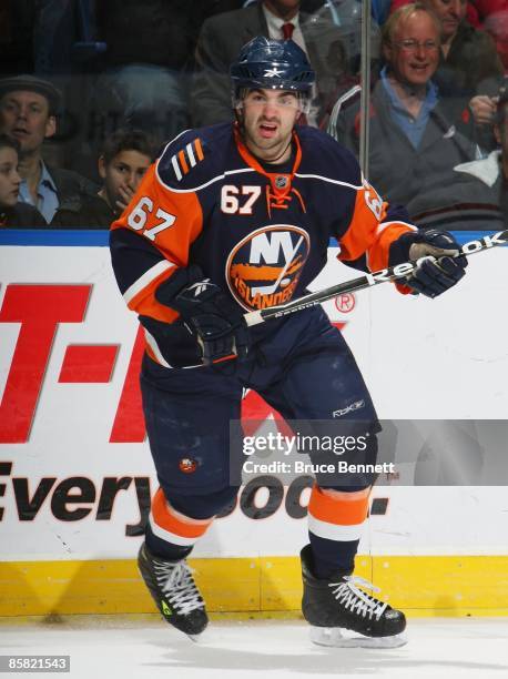 Sean Bentivoglio of the New York Islanders skates in his first NHL game against the Montreal Canadiens on April 2, 2009 at the Nassau Coliseum in...