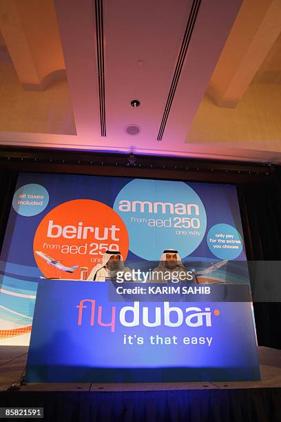 Sheikh Ahmed bin Saeed al-Maktoum , chairman of Dubai Airports, Emirates Airlines and the new flydubai budget airline, sits next to Ghaith al-Ghaith,...
