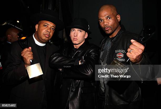 Rapper Eminem with Joseph "Rev. Run" Simmons and Darryl "D.M.C." McDaniels attend the 24th Annual Rock and Roll Hall of Fame Induction Ceremony at...
