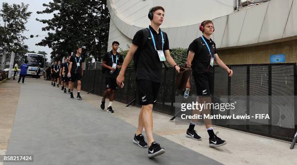 New Zealand players arrive ahead of the FIFA U-17 World Cup India 2017 group B match between New Zealand and Turkey at Dr DY Patil Cricket Stadium on...