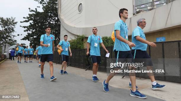 Turkey players arrive ahead of the FIFA U-17 World Cup India 2017 group B match between New Zealand and Turkey at Dr DY Patil Cricket Stadium on...