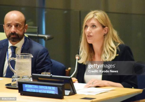 File photo taken in September 2017 at the U.N. Headquarters in New York shows Beatrice Fihn , executive director of the International Coalition to...
