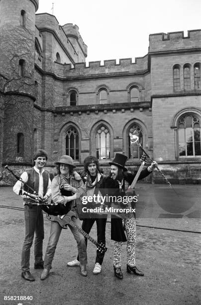 Slade filming a new video at Eastnor Castle, near Ledbury, 26th January 1984.