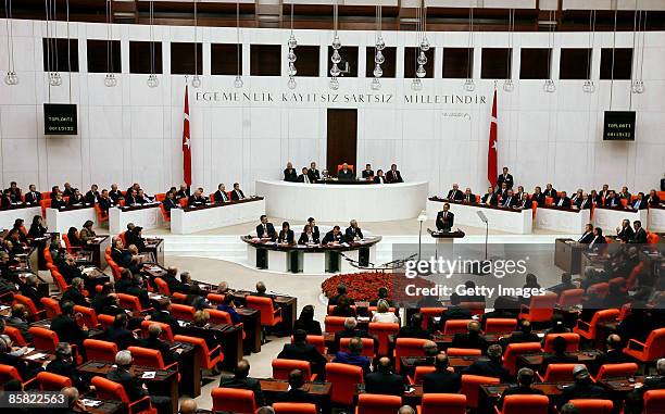 President Barack Obama addresses the Turkish parliament April 6, 2009 in Ankara, Turkey. Obama is on the last leg of an eight-day trip to Europe, his...