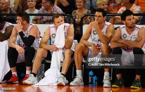 The Hawks bench looks dejected during the round one NBL match between the Cairns Taipans and the Illawarra Hawks at Cairns Convention Centre on...