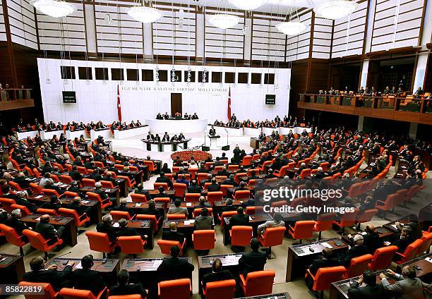 President Barack Obama addresses the Turkish parliament April 6, 2009 in Ankara, Turkey. Obama is on the last leg of an eight-day trip to Europe, his...