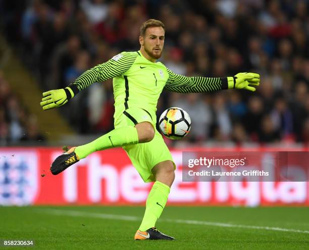 Jan Oblak of Slovenia in action during the FIFA 2018 World Cup Qualifier between England and Slovenia at Wembley Stadium on October 5, 2017 in...