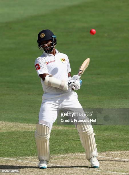 Dimuth Karunaratne of Sri Lanka bats during Day One of the Second Test between Pakistan and Sri Lanka at Dubai International Cricket Ground on...