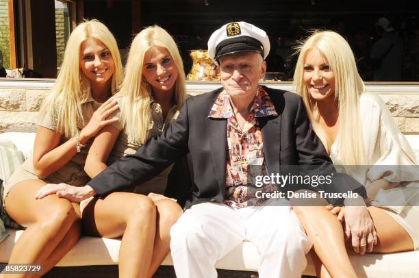 Kristina Shannon, Karissa Shannon, Hugh Hefner and Crystal Harris attends Hugh Hefner's 83rd birthday pool party at Palms Place at the Palms Resort &...