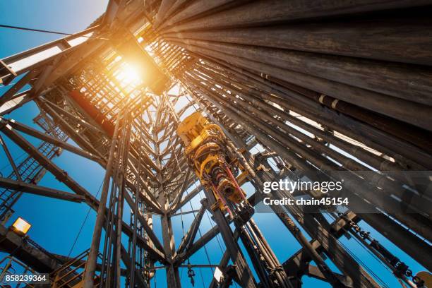 oil drilling rig operation on the oil platform in oil and gas industry. industrial concept. - oil field fotografías e imágenes de stock