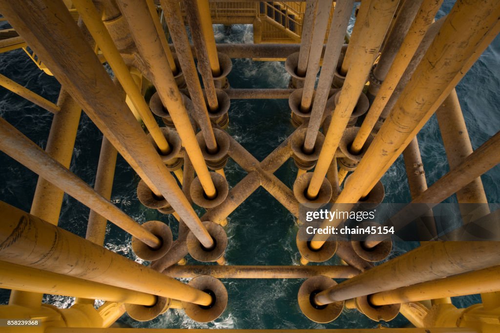 Platform production pipeline for produce gas and oil in Oil platform production through the pipe in line at Oil rig for Oil industrial business.