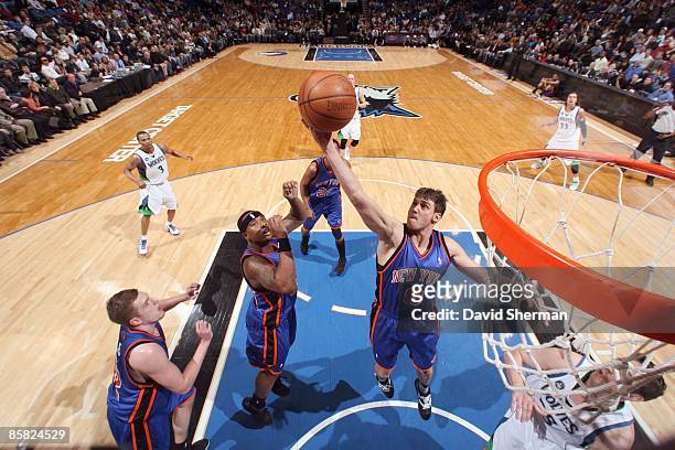 Danilo Gallinari of the New York Knicks puts a shot up against the Minnesota Timberwolves during the game on March 13, 2009 at the Target Center in...