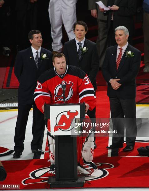 Martin Brodeur of the New Jersey Devils is honored for his NHL record breaking 552nd win by Chairman and Managing Partner of the Devils Jeff...