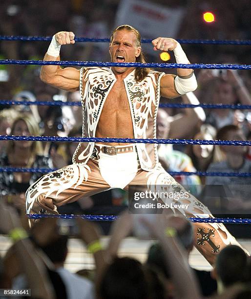 Shawn Michaels makes his intro as he takes on The Undertaker at "WrestleMania 25" at the Reliant Stadium on April 5, 2009 in Houston, Texas.