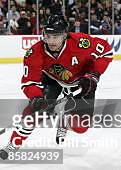 Patrick Sharp of the Chicago Blackhawks chases the puck during a game against the St. Louis Blues on April 1, 2009 at the United Center in Chicago,...