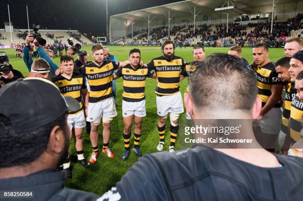 Taranakki huddle following their win in the round eight Mitre 10 Cup match between Canterbury and Taranaki at AMI Stadium on October 6, 2017 in...