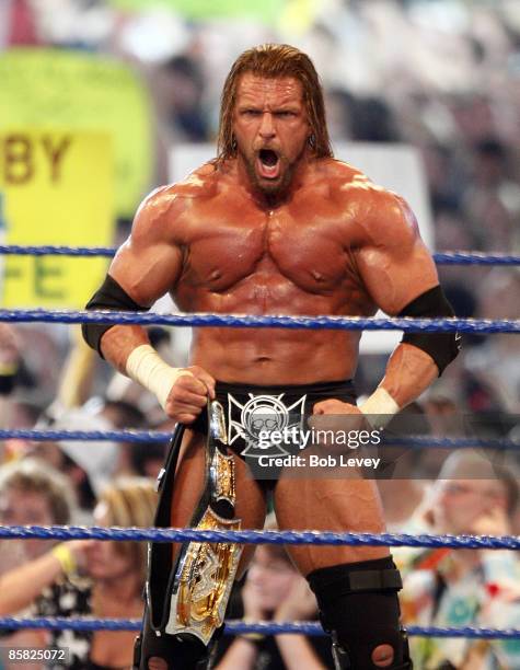 Triple H retains the WWE Championship belt after defeating Randy Orton at "WrestleMania 25" at the Reliant Stadium on April 5, 2009 in Houston, Texas.