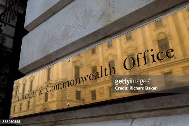 Detail of the brass nameplate outside the Foreign & Commonwealth Office outside the government department on King Charles Street SW1, on 5th October...
