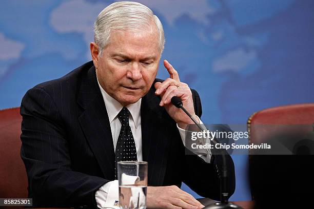 Secretary of Defense Robert Gates holds a news conference at the Pentagon April 6, 2009 in Arlington, Virginia. Gates proposed changes to the defense...