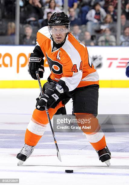 Kimmo Timonen of the Philadelphia Flyers skates with the puck during game action against the Toronto Maple Leafs April 1, 2009 at the Air Canada...