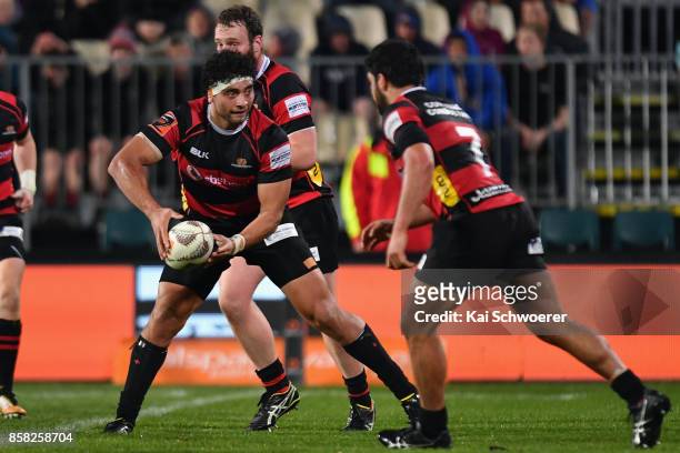 Alex Hodgman of Canterbury looks to pass the ball during the round eight Mitre 10 Cup match between Canterbury and Taranaki at AMI Stadium on October...