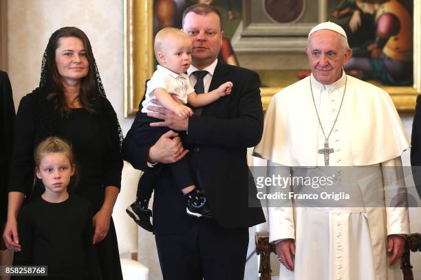Pope Francis meets Lithuania Prime Minister Saulius Skvernelis, his wife Silvija Skvernelo and his sons Egle and Tadas during an audience at the...
