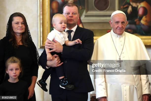 Pope Francis meets Lithuania Prime Minister Saulius Skvernelis, his wife Silvija Skvernelo and his sons Egle and Tadas during an audience at the...