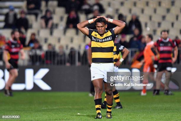 Seta Tamanivalu of Taranaki reacting during the round eight Mitre 10 Cup match between Canterbury and Taranaki at AMI Stadium on October 6, 2017 in...