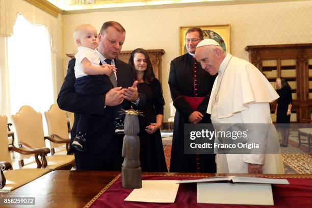 Pope Francis meets Lithuania Prime Minister Saulius Skvernelis, his wife Silvija Skvernelo and his sons Egle and Tadas during an audience at the...