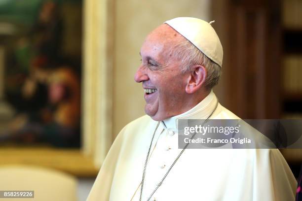 Pope Francis attends an audience with Lithuania Prime Minister Saulius Skvernelis at the Apostolic Palace on October 6, 2017 in Vatican City,...